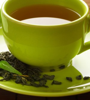 Green Tea in Green Teacup with Leaves