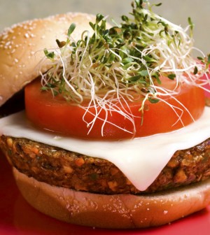 Tofu Burger with Sprouts, Tomato and Cheese on a Seeded Bun