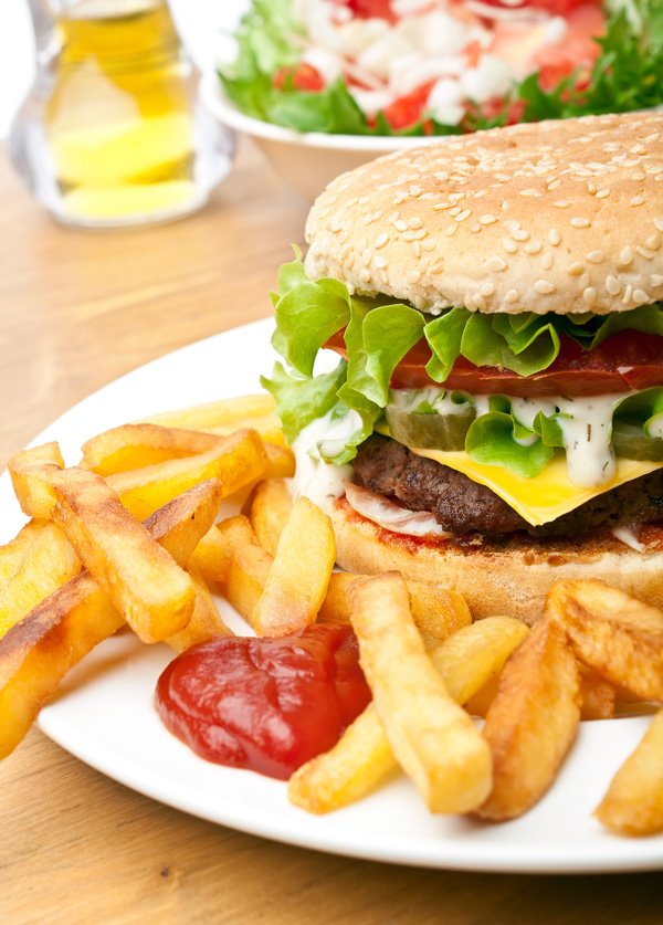 Cheeseburger with French Fries and Ketchup