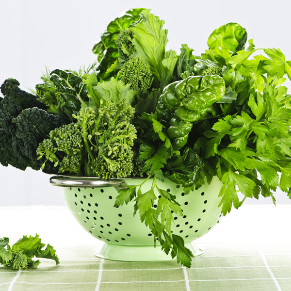 Green, Leafy Vegetables in Metal Colander