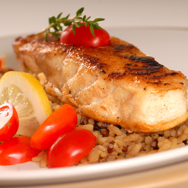 Fish Brown Rice Cherry Tomatoes with a Lemon Slice