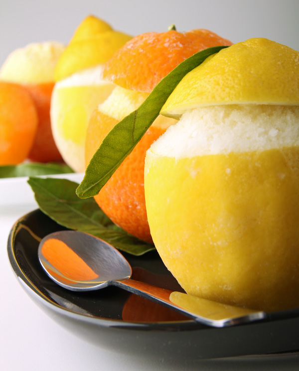 Fresh Orange and Lemon Sorbet in Hollowed Out Peel